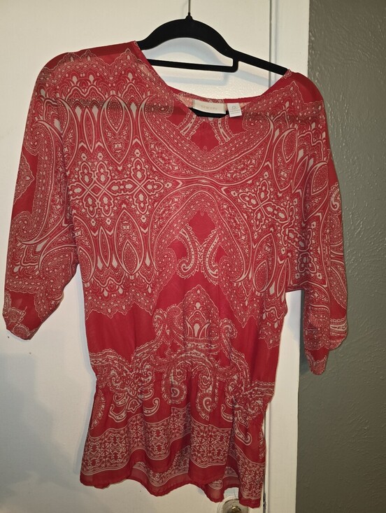 Chico's Tops - Chico's Red Sheer Paisley Peplum Tunic